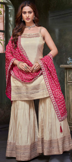 Beige and Brown color Salwar Kameez in Silk fabric with Embroidered, Mirror, Sequence, Thread, Zari work
