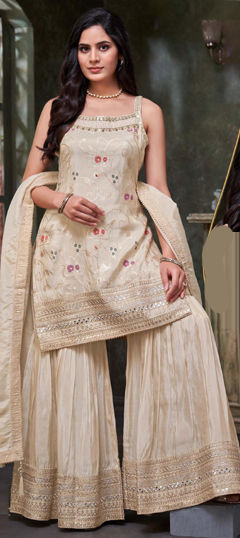 Beige and Brown color Salwar Kameez in Silk fabric with Embroidered, Mirror, Sequence, Thread, Zari work
