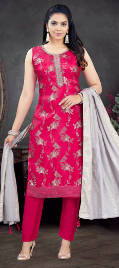 Pink and Majenta color Salwar Kameez in Silk fabric with Bugle Beads, Foil Print, Printed, Thread work