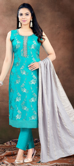 Blue color Salwar Kameez in Silk fabric with Bugle Beads, Foil Print, Printed, Thread work
