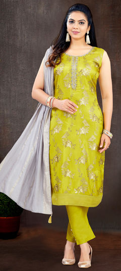 Green color Salwar Kameez in Silk fabric with Bugle Beads, Foil Print, Printed, Thread work
