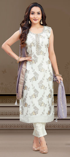 White and Off White color Salwar Kameez in Silk fabric with Bugle Beads, Mirror, Printed, Thread work