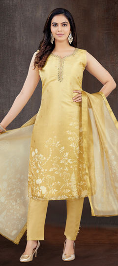 Gold color Salwar Kameez in Silk fabric with Bugle Beads, Mirror, Printed, Sequence work