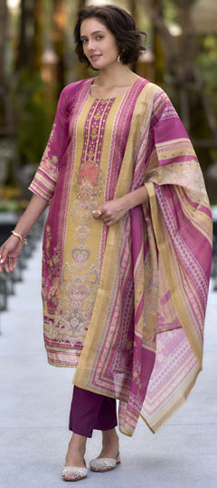 Beige and Brown color Salwar Kameez in Silk fabric with Printed, Sequence, Thread work