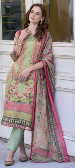 Green color Salwar Kameez in Silk fabric with Floral, Printed, Sequence, Thread work