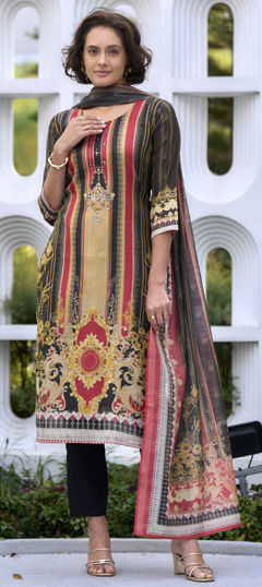 Black and Grey color Salwar Kameez in Silk fabric with Printed, Sequence, Thread work