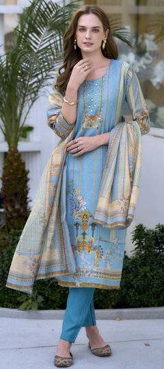 Blue color Salwar Kameez in Silk fabric with Floral, Printed, Sequence, Thread work