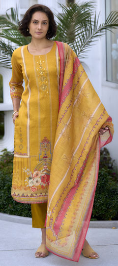 Yellow color Salwar Kameez in Silk fabric with Floral, Printed, Sequence, Thread work
