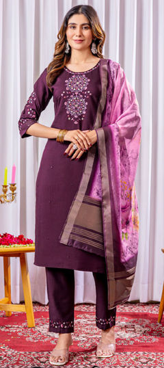 Purple and Violet color Salwar Kameez in Viscose fabric with Embroidered, Resham, Sequence, Thread work