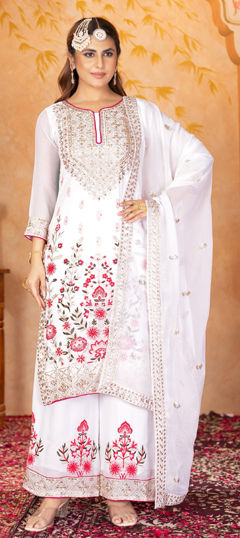 White and Off White color Salwar Kameez in Faux Georgette fabric with Embroidered, Mirror, Sequence, Thread work