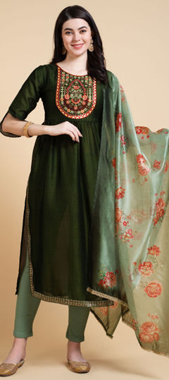 Green color Salwar Kameez in Lycra fabric with Embroidered, Resham, Sequence, Thread work