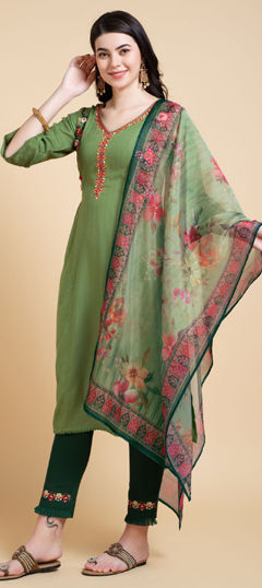 Green color Salwar Kameez in Lycra fabric with Embroidered, Resham, Thread work