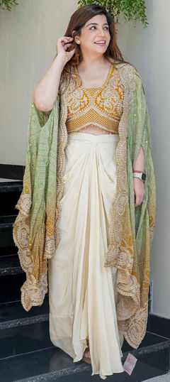 White and Off White, Yellow color Long Lehenga Choli in Crepe Silk fabric with Embroidered, Sequence, Thread, Zari work