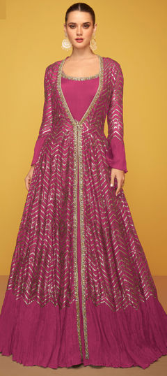 Pink and Majenta color Gown in Silk fabric with Embroidered, Sequence, Thread work