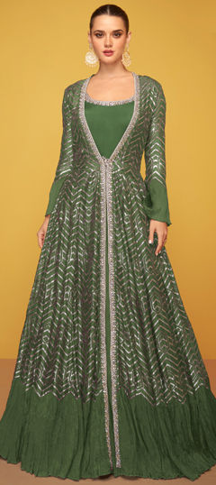 Green color Gown in Silk fabric with Embroidered, Sequence, Thread work