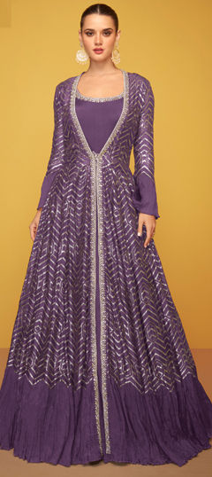 Purple and Violet color Gown in Silk fabric with Embroidered, Sequence, Thread work