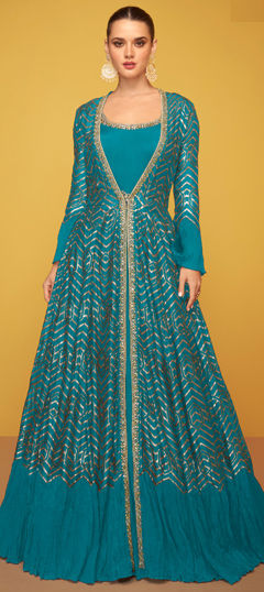 Blue color Gown in Silk fabric with Embroidered, Sequence, Thread work
