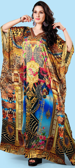 Multicolor color Kaftan in Satin Silk fabric with Digital Print, Stone work