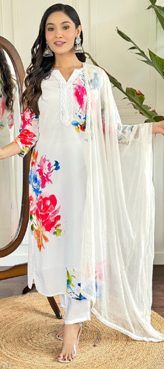 White and Off White color Salwar Kameez in Crepe Silk fabric with Floral, Lace, Printed work