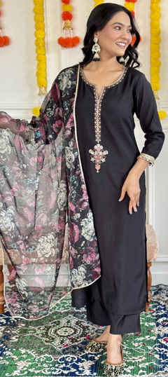 Black and Grey color Salwar Kameez in Rayon fabric with Embroidered, Resham, Sequence, Thread work