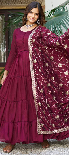 Pink and Majenta color Gown in Silk fabric with Embroidered, Sequence, Zari work