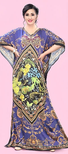 Black and Grey, Blue color Kaftan in Satin Silk fabric with Digital Print, Stone work