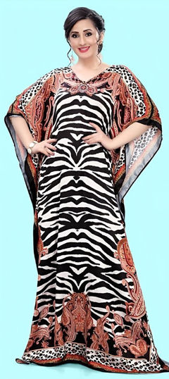 Black and Grey, White and Off White color Kaftan in Satin Silk fabric with Digital Print, Stone work