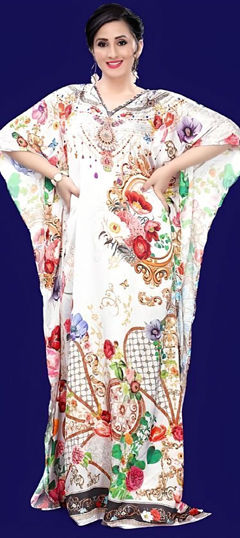 White and Off White color Kaftan in Satin Silk fabric with Digital Print, Floral, Stone work