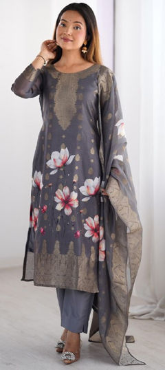 Black and Grey color Salwar Kameez in Chanderi Silk fabric with Digital Print, Floral, Weaving work