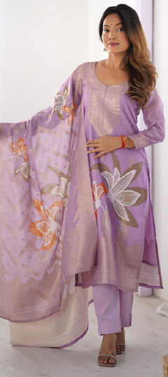 Purple and Violet color Salwar Kameez in Chanderi Silk fabric with Digital Print, Floral, Weaving work