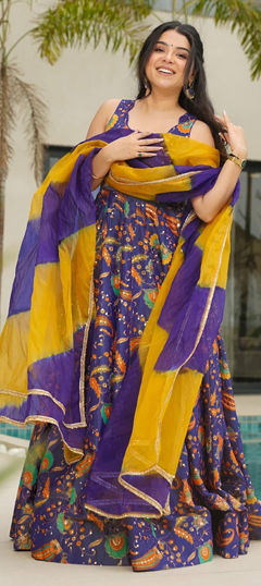 Blue color Gown in Silk fabric with Digital Print work