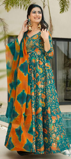 Green color Gown in Silk fabric with Digital Print work