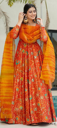 Orange color Gown in Silk fabric with Digital Print work