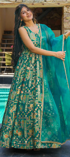 Green color Gown in Silk fabric with Digital Print, Printed work