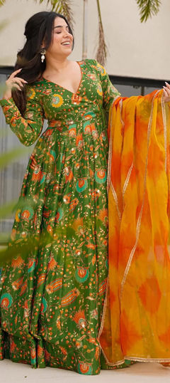 Green color Gown in Silk fabric with Digital Print work