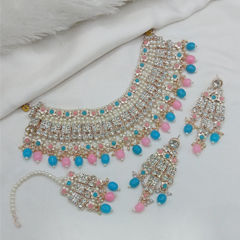 Gold Rodium Polish Blue, Pink and Majenta color Necklace in Metal Alloy studded with Austrian diamond, Pearl