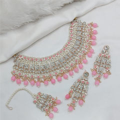 Gold Rodium Polish Pink and Majenta color Necklace in Metal Alloy studded with Austrian diamond, Pearl