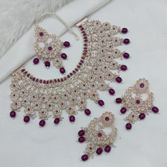 Gold Rodium Polish Purple and Violet color Necklace in Metal Alloy studded with Austrian diamond, Pearl