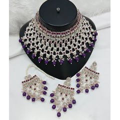 Gold Rodium Polish Purple and Violet color Necklace in Metal Alloy studded with Austrian diamond, Pearl