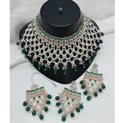 Gold Rodium Polish Green color Necklace in Metal Alloy studded with Austrian diamond, Pearl