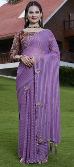 Purple and Violet color Saree in Georgette fabric with Weaving, Zardozi work