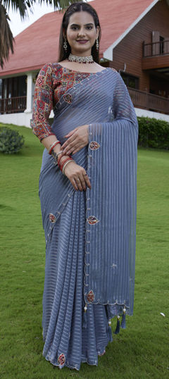 Blue color Saree in Georgette fabric with Weaving, Zardozi work