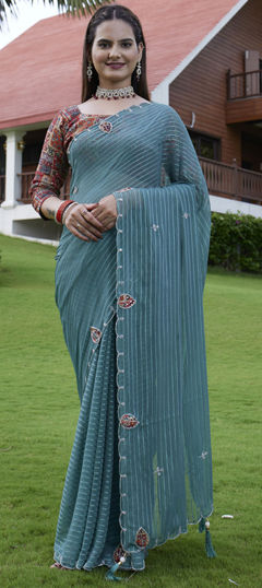 Green color Saree in Georgette fabric with Weaving, Zardozi work