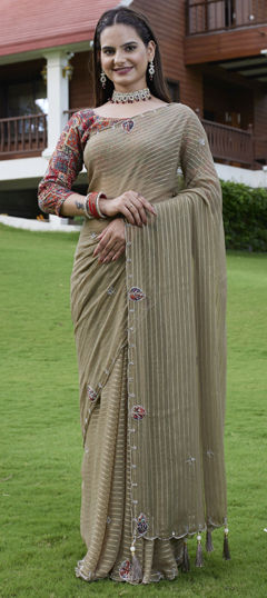 Beige and Brown color Saree in Georgette fabric with Weaving, Zardozi work