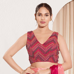 Pink and Majenta color Blouse in Net fabric with Embroidered, Thread work