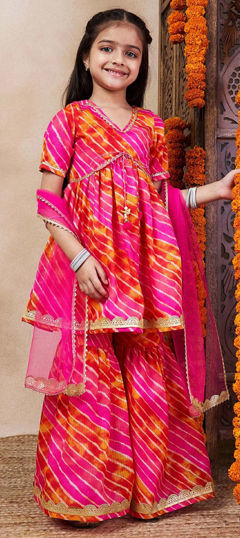 Pink and Majenta color Kids Salwar in Blended Cotton fabric with Gota Patti, Lehariya, Printed work