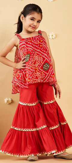 Red and Maroon color Kids Salwar in Georgette fabric with Bandhej, Lace, Printed work