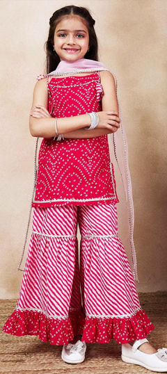 Red and Maroon color Kids Salwar in Blended Cotton fabric with Bandhej, Gota Patti, Lehariya, Printed work