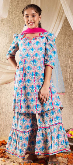 Blue color Kids Salwar in Cotton fabric with Lace, Printed work