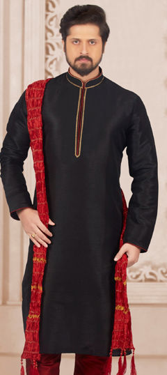 Black and Grey color Kurta in Dupion Silk fabric with Embroidered, Thread work